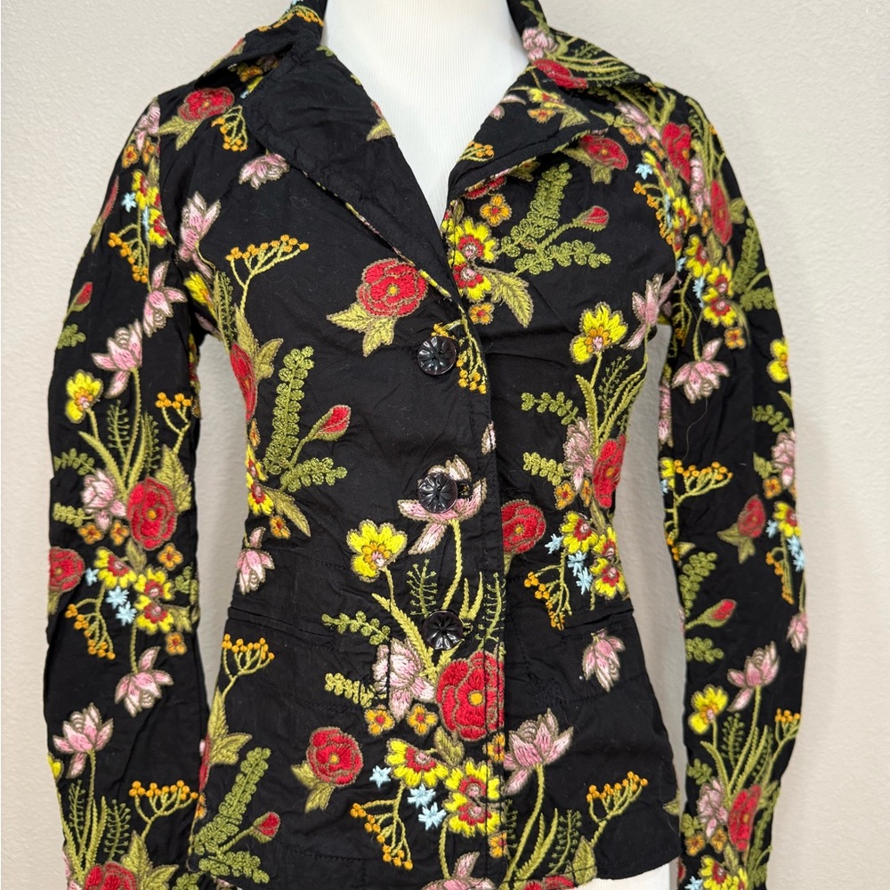 Floral Embroidered Johnny Was Black Jacket